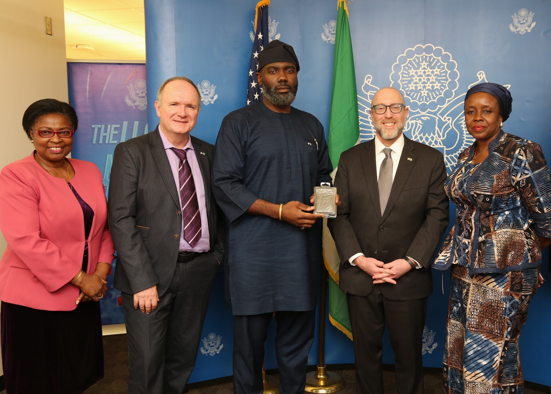 From left is Mrs. Margaret Itohan Aziba, Registrar- Augustine University, Ilara; Prof. Gerard Chouin, College of William and Mary, Virginia; Director General, Olugbile Holloway, NCMM; DCM David Greene; Mrs Nwogbo Anuli Nkemdilim, Director, Archeology & Ethnography, NCMM